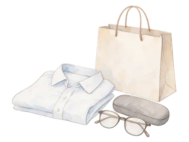 無地の服と眼鏡ケースを描いた小売業の概念図。特定店舗の商品ではない