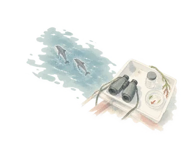 イルカの輪郭と観察道具による海洋研究の概念画。現地での野生動物との遭遇や特定の研究器材を再現していません。
