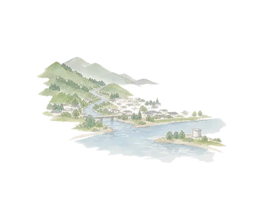 上流の森から市街を通る川の概念画。ファラジョネスの特定の山容や現地の正確な流路ではない