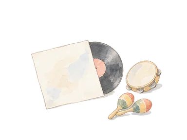 レコードと簡素な打楽器を描いた音楽文化の概念画。特定奏者、楽曲の図柄、実物展示ではない
