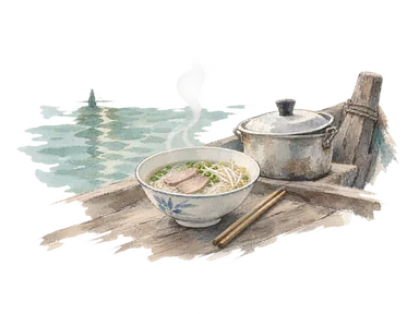 舟上の朝食として紹介されるフーティウの丼と小鍋の概念画。特定店舗や船の再現ではない。