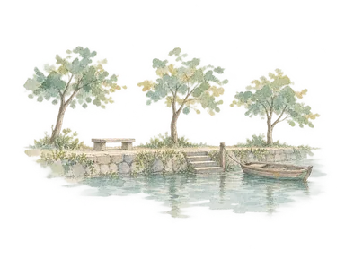 川岸の散策路と船着き場を説明する概念画。ニンキエウの実測景観や現在の設備配置を再現しない。