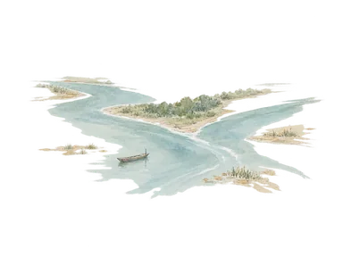 二つの川が合流する低い岸を表した概念画。実際の河道や市域の地図ではない。