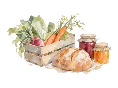季節の市場の商品を表す、野菜、パン、保存食の瓶の概念画