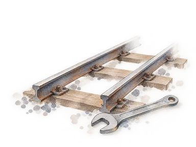 鉄道の整備を表す、一般的なレールと工具の概念画