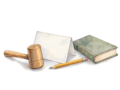 働く人の集会や学びを表す、木槌と紙、無記名の本の概念画
