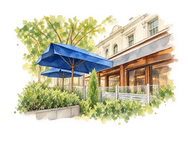 ライゴン通りの青い日傘と店先、生垣の一部を簡略化した水彩