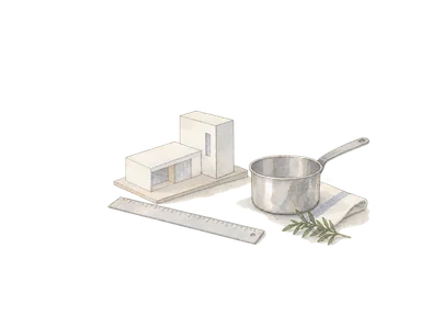 建築技術と調理の学びを表す定規、簡素な模型、調理鍋の概念画。実際の教室や教材展示ではない