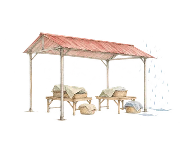 雨から商品を守る屋根と簡素な売り台の概念画。実際のカストリーズ市場の建物を再現しない