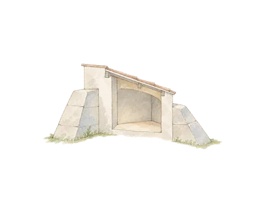 厚い壁と控え壁の役割を示す建築断面の概念画。モーンの火薬庫そのものの外観復元ではない
