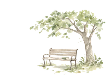 木陰のベンチと閉じた無地の詩集を描く文学と公園の概念画。実際の広場配置や胸像を再現しない