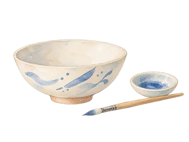 器と青い絵の具、筆を描いた陶器の絵付けの概念画