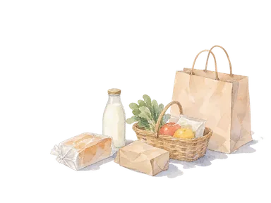 小売店の品物と無地の買物袋を表す概念画