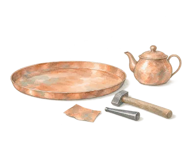盆と茶器、金槌とたがねを描いた銅器づくりの概念画