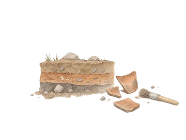 土の層と石・無文様の土器片を用いた考古学の概念画。特定遺跡の復元や実在出土品の複製ではない