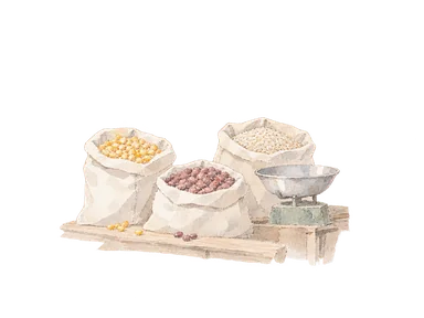 乾燥トウモロコシや豆を入れた売り場の袋と計量皿を示す概念水彩。特定市場の建物や店を再現しない