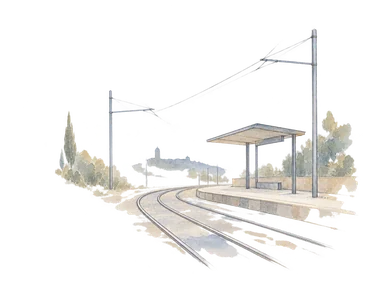 路面電車の線路と架線、簡素な停留所の一般概念画。特定車両型式や現地駅舎を再現しない水彩