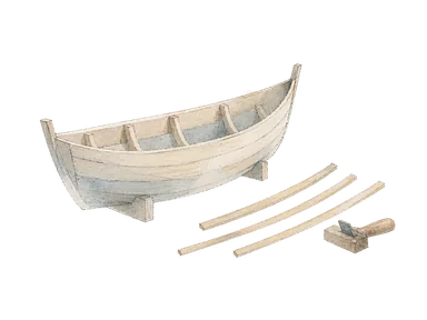 船の模型づくりを表す、無名の小さな木製船体と細い木片、工具の概念画。