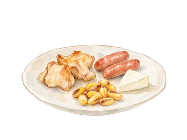 チリウチュの食材の一部を表す、鶏肉片、ソーセージ、チーズ、炒りトウモロコシの概念画