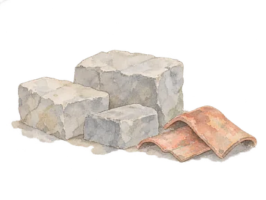 異なる時代の建材を表す、無装飾の石材と瓦の概念画