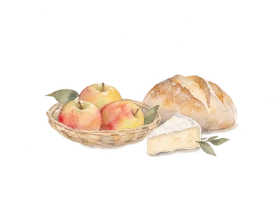 市場の食材を表す、果物とパン、チーズの概念画