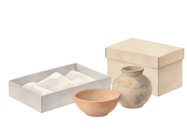 考古資料の保存を表す、無文様の土器と保管箱の概念画。特定収蔵品の再現ではない