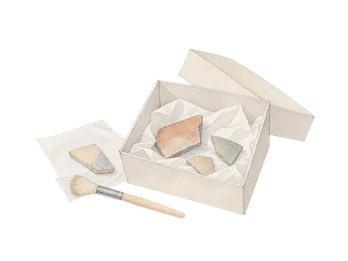 資料を保存するための無地の箱、陶片、柔らかな刷毛の概念画。実際の収蔵品や修復現場ではない