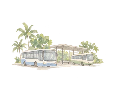 バスと屋根付き乗り場の一般概念画。実際のターミナルの形や現在の車種ではない