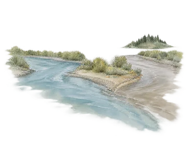 二つの川と土砂の岸、低木のある合流地形を示す概念画。ドーソン周辺の流路や集落の正確な配置を示す地図・実景ではありません