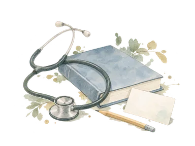 聴診器と本を描いた医学教育の概念画