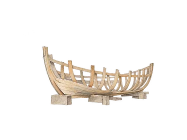組み立て途中の木造船の肋材を描いた造船の概念画