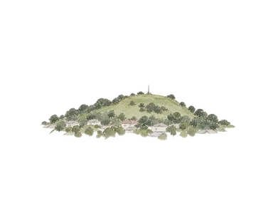 北ヘッド側から望むタカルンガの低い火山丘と家並み