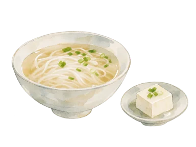 米粉湯と小皿で市場の食文化を表す概念画