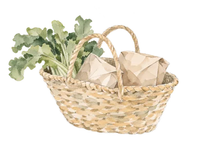 籠と野菜と包みで市場の買い物を表す概念画