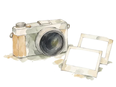 無印カメラと空の額で写真の販売・展示を表す概念画