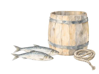 ニシン交易と海運を表す、魚、木樽、ロープの概念画。