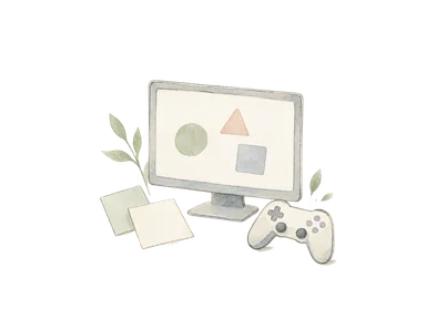 ゲーム制作の学びを表す図形だけの画面、コントローラーと白紙の概念画。既存ゲーム作品、製品や教室の再現ではない。