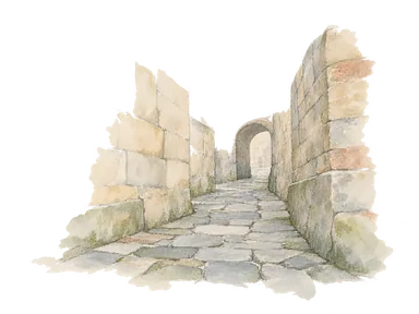 狭い石畳の通路と建物をくぐる道を表す概念画。ダンディーの特定の通路や建物の再現ではない。