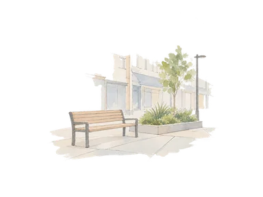 ベンチと植栽、舗装を描く中心街の公共空間の概念画。実際のKāi Tahuの文様、言葉、作品を模写・創作していない。