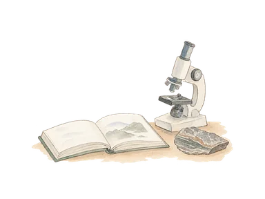 本、顕微鏡、岩石標本によって大学での学びを表す概念画。実在する特定の研究室や校舎の再現ではない。