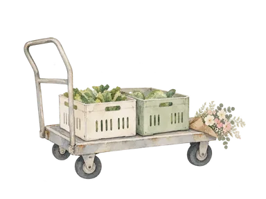 航空貨物用の無地の通気箱、小さな手押し荷台と切り花を描く農産物荷役の概念画。実空港の配置・機体・ターミナル・梱包仕様・現在の路線や輸出量を再現しない。