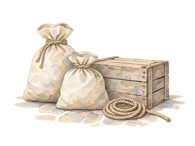 かつての交易を表す、簡素な荷袋と縄、無地の木箱の概念画。