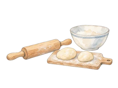 料理を学ぶ活動を表す、めん棒と小さな生地、ボウルの概念画。