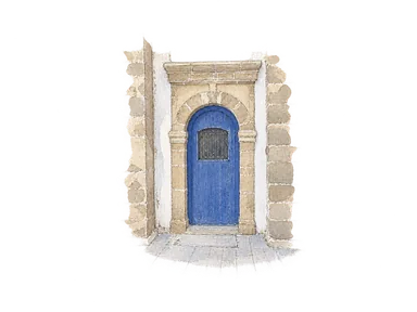 ユセフ・エル・ファッシ通りにある、青い扉と石枠の部分景。
