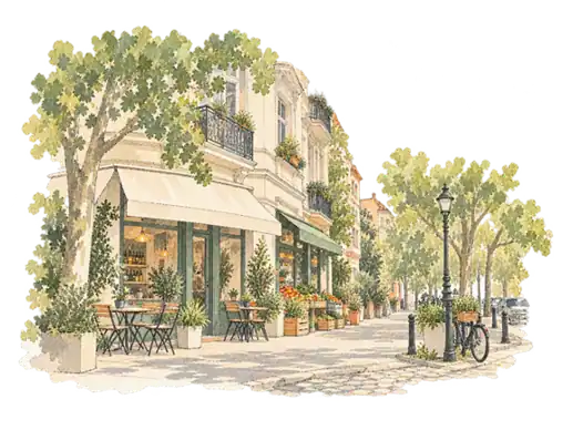 クロイツベルクの多様な店が並ぶ通りをイメージした風景