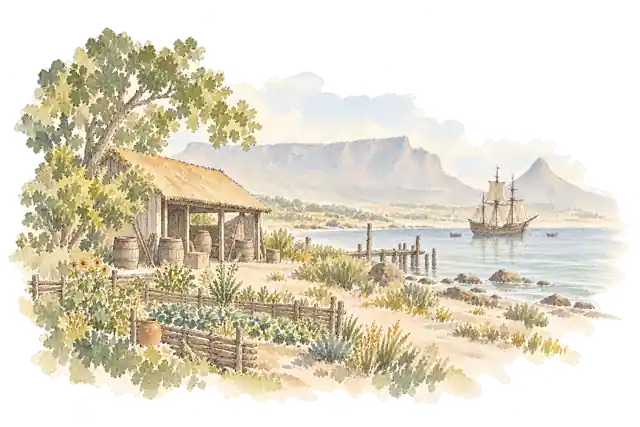 1652年前後の補給拠点を想像した、畑と水樽、湾の帆船