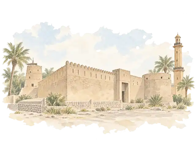 アル・ファヒディ砦 — 1781年の建物を描いた淡い水彩