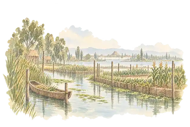テノチティトランの湖と水路、耕地を想像して描いた風景