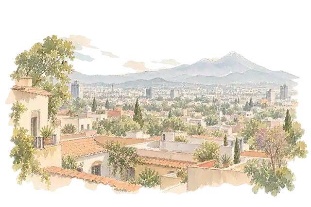 盆地に広がるメキシコシティの市街地をイメージした風景