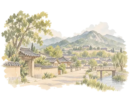 1394年 — 漢陽に都を置くを題材にした淡い水彩の想像図